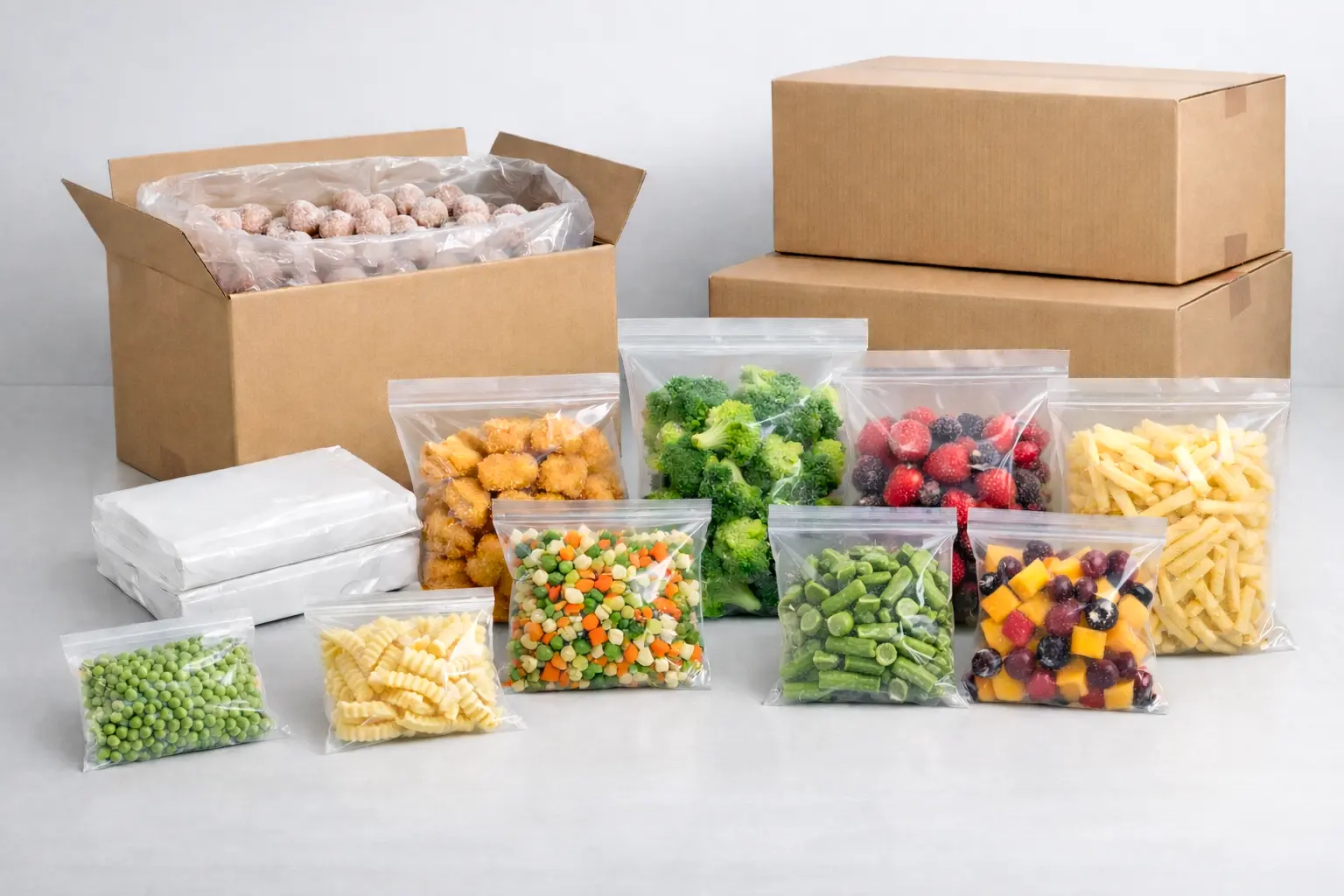 عبوات أغذية مجمدة بأحجام مختلفة تشمل عبوات تجزئة وعبوات عائلية وكرتونات جملة، توضح مرونة حلول التغليف لتلبية متطلبات الأسواق المختلفة