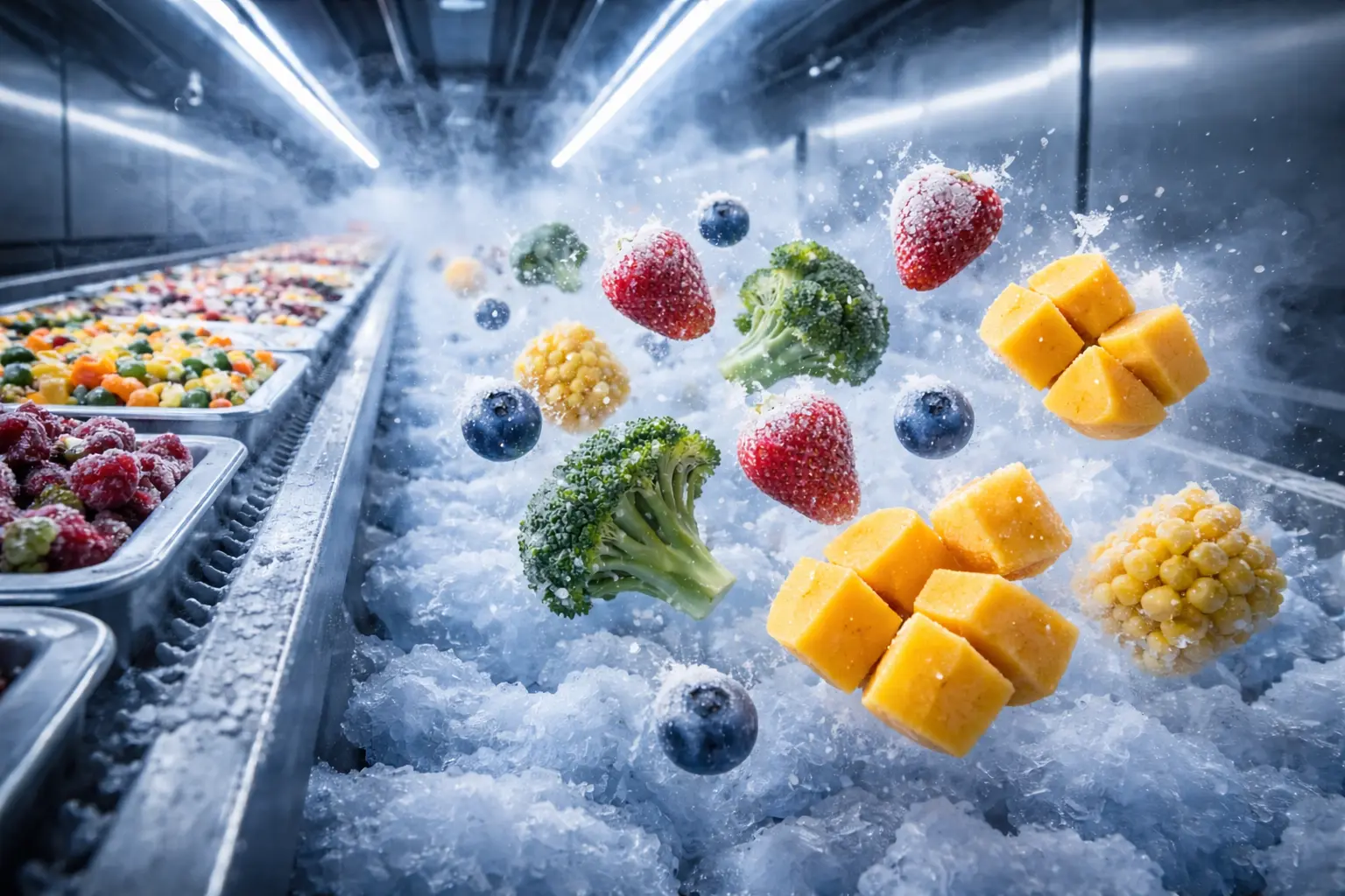 تقنية التجميد الفردي السريع IQF للأغذية المجمدة مع الحفاظ على اللون الطبيعي والقيمة الغذائية للخضروات والفواكه داخل أنفاق تجميد صناعية متطورة