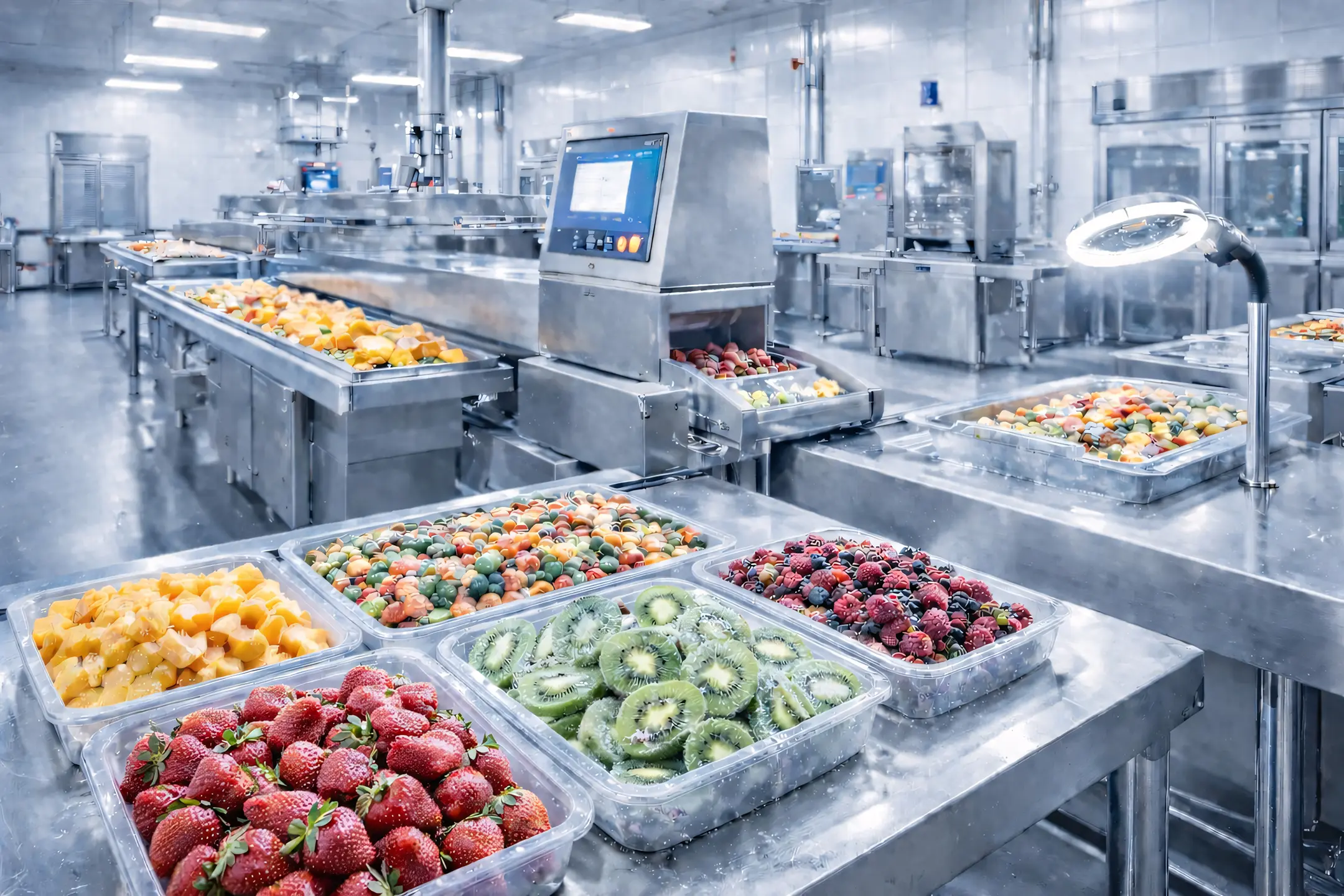 منشأة متطورة لمعالجة الأغذية المجمدة تطبق أنظمة رقابة دقيقة على الفواكه والخضروات داخل بيئة إنتاج غذائي آمنة ومعتمدة