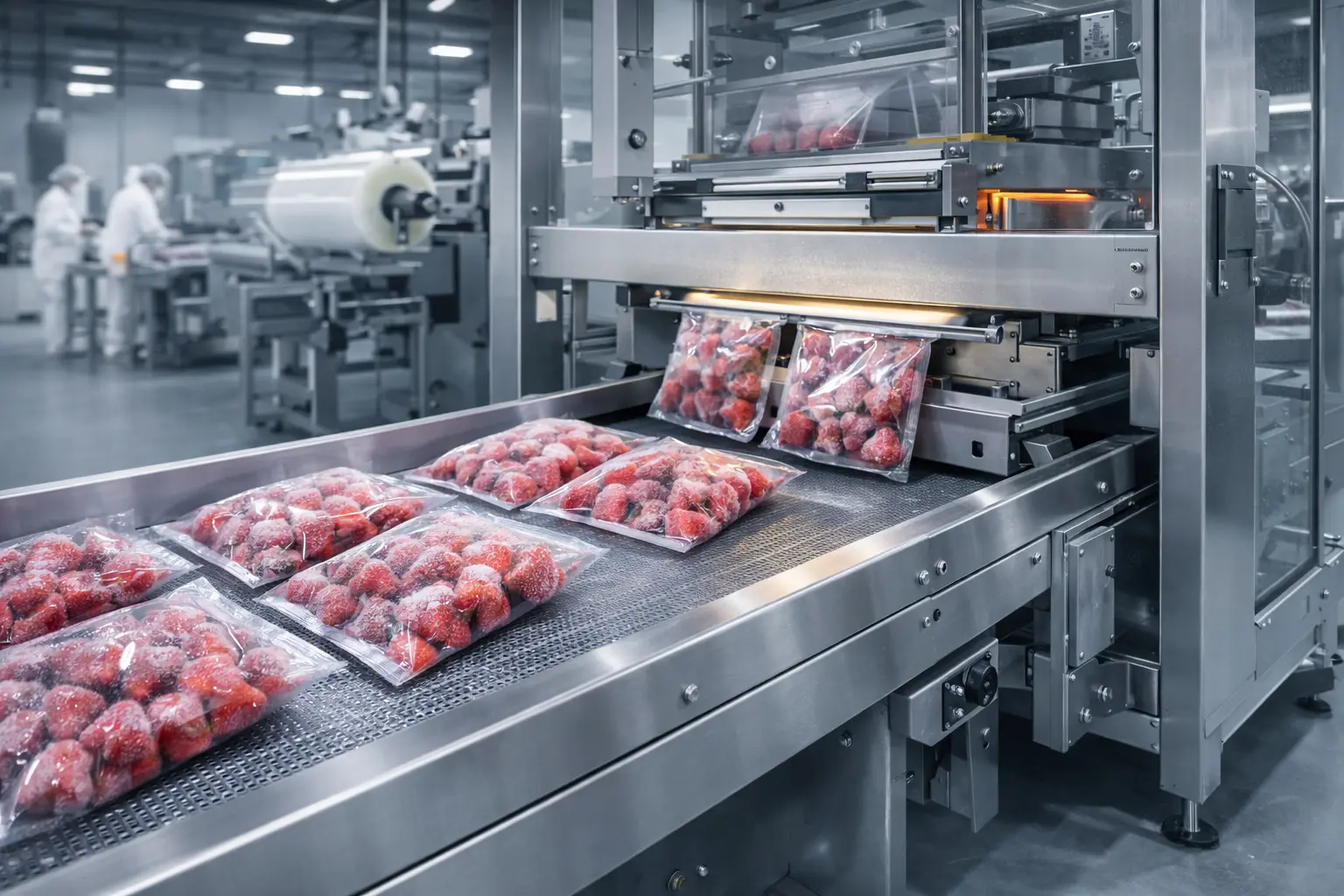 تعبئة الفراولة المجمدة بتقنية IQF داخل مصنع الجود بريميوم فود باستخدام ماكينات تغليف أوتوماتيكية وغلق حراري محكم في بيئة إنتاج معقمة.