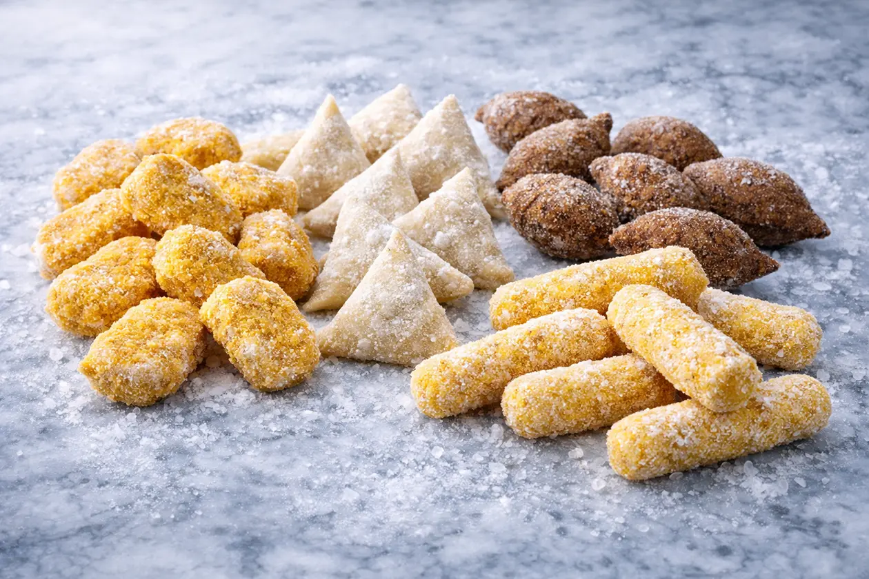 تشكيلة من المقبلات المجمدة تشمل السمبوسة والكبة وأصابع الجبن والوجبات الخفيفة المغطاة بطبقة من الثلج الطبيعي