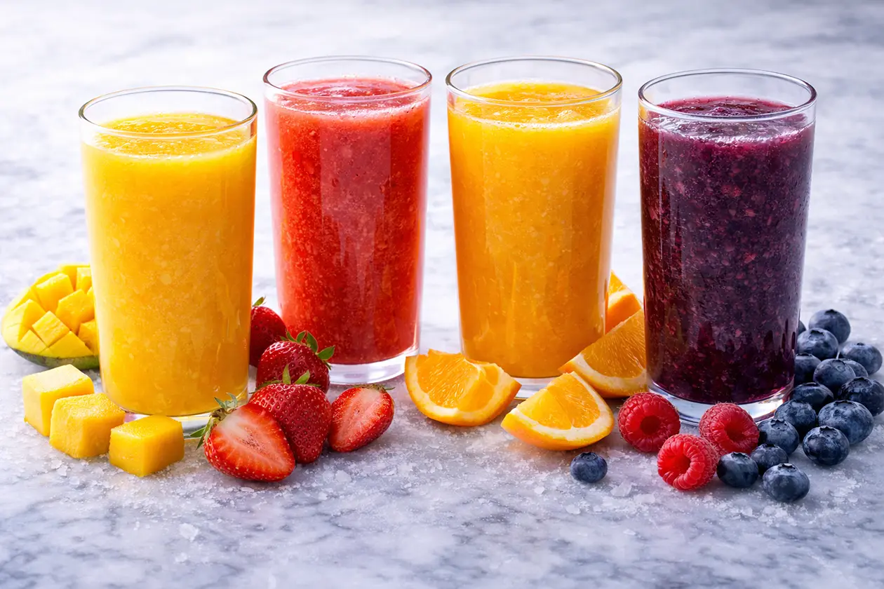 تشكيلة من عصائر وسموثي الفواكه المجمدة المصنوعة من المانجو والفراولة والبرتقال والتوت